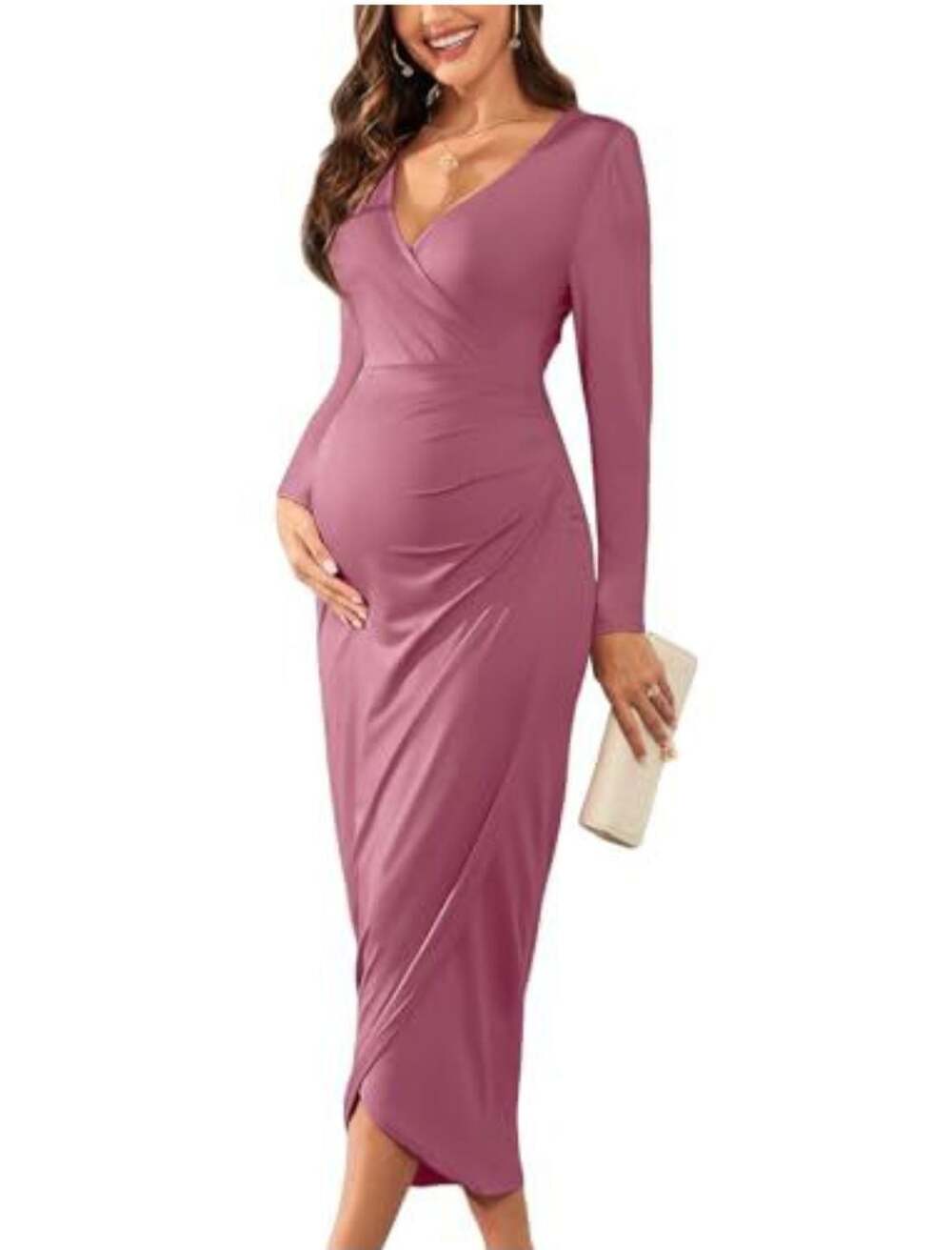AISWI 2025 Womens Maternity Wrap Dress V Neck Long Sleeve,S,Light Plum